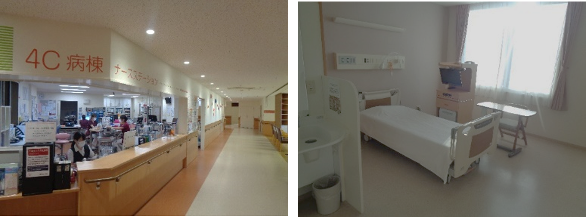 4C病棟のナースステーションと病室の写真