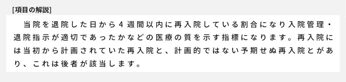 当院を退院した日から4週間以内に再入院している割合になり、入院管理・退院指示が適切であったかなどの医療の質を示す指標になります。再入院には当初から計画されていた再入院と、計画的ではない予期せぬ再入院とがあり、これは後者が該当します。