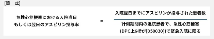 急性心筋梗塞患者における入院当日＝入院翌日までにアスピリンが投与された患者数÷計測期間内の退院患者で、急性心筋梗塞