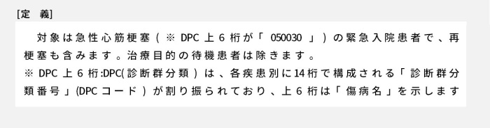 急性心筋梗塞患者における入院当日もしくは翌日のアスピリン投与率対象は急性心筋梗塞(※DPC上6桁が「050030」)の患者(緊急入院)で、再梗塞も含みます。治療目的の待機患者は除きます。 DPC上6桁:DPC(診断群分類)は、各疾患別に14桁で構成される「診断群分類番号」(DPCコード)が割り振られており、上6桁は「傷病名」を示します。