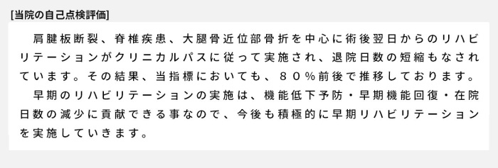 肩腱板断裂、脊椎疾患、大腿骨近位部骨折を中心に術後翌日からのリハビリテーションがクリニカルパスに従って実施され、退院日数の短縮もなされています。その結果、当指標においても、80％前後で推移しております。早期のリハビリテーションの実施は、機能低下予防・早期機能回復・在院日数の減少に貢献できる事なので、今後も積極的に早期リハビリテーションを実施していきます。