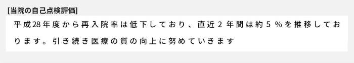 平成28年度から再入院率は低下しており、直近2年間は約5％を推移しております。引き続き医療の質の向上に努めていきます。