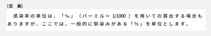 感染率の単位は、「‰」（パーミル＝1/1000）を用いての算出する場合もありますが、ここでは、一般的に馴染みがある「％」を単位とします。