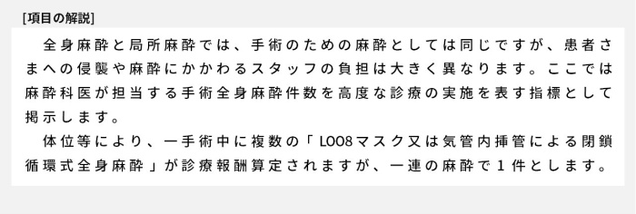 全身麻酔と局所麻酔では、手術のための麻酔としては同じですが、患者さまへの侵襲や麻酔にかかわるスタッフの負担は大きく異なります。ここでは麻酔科医が担当する手術全身麻酔件数を高度な診療の実施を表す指標として掲示します。体位等により、一手術中に複数の「LOO8マスク又は気管内挿管による閉鎖循環式全身麻酔」が診療報酬算定されますが、一連の麻酔で1件とします。