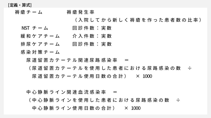 褥瘡チームは褥瘡発生率の数値を引用しております、回診件数と介入件数は実数にて算出しております。尿道留置カテーテル関連尿路感染率=尿道留置カテーテルを使用した患者における尿路感染の数/尿道留置カテーテル使用日数の合計)×1000,中心静脈ライン関連血流感染率=(中心静脈ラインを使用した患者における血流感染の数/中心静脈ライン使用日数の合計)×1000