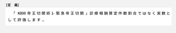 「K898帝王切開術1-緊急帝王切開」診療報酬算定件数割合ではなく実数として評価します。