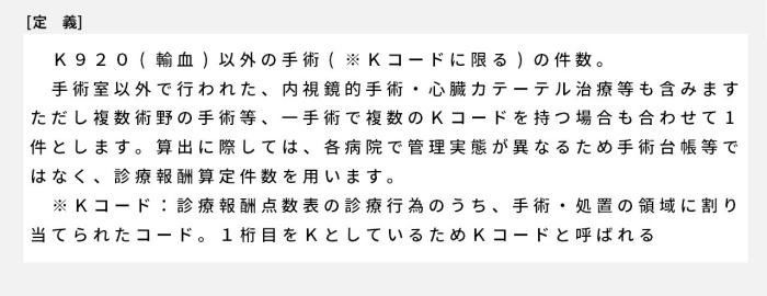 K920(輸血)以外の手術(※Kコードに限る)の件数。手術室以外で行われた、内視鏡的手術・心臓カテーテル治療等も含みます。ただし複数術野の手術等、一手術で複数のKコードを持つ場合も合わせて1件とします。算出に際しては、各病院で管理実態が異なるため手術台帳等ではなく、診療報酬算定件数を用います。※Kコード：診療報酬点数表の診療行為のうち、手術・処置の領域に割り当てられたコード。1桁目をKとしているためKコードと呼ばれる。