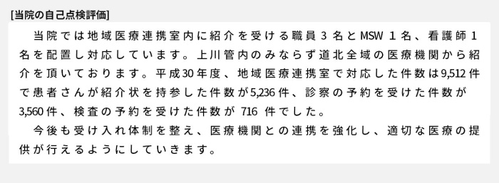 当院では地域医療連携室内に紹介を受ける職員3名とMSW1名、看護師1名を配置し対応しています。上川管内のみならず道北全域の医療機関から紹介を頂いております。平成30年度、地域医療連携室で対応した件数は9，512件で患者さんが紹介状を持参した件数が5,236件、診察の予約を受けた件数が3,560件、検査の予約を受けた件数が716件でした。